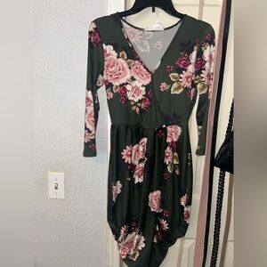 Floral V-Neck Dress in Green and Pink